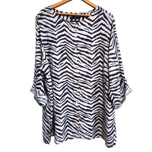 EUC TAHARI LINEN PLUS SIZE 2X ZEBRA PRINT ROLL TAB SLEEVE TUNIC